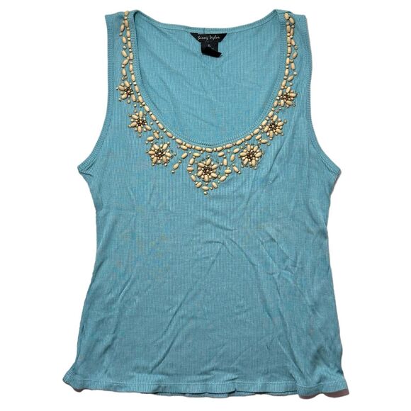 Woman's Sunny Taylor VTG Teal Blue Sleeveless Tank Top w/ Beaded Flowers Size XL - Picture 1 of 5